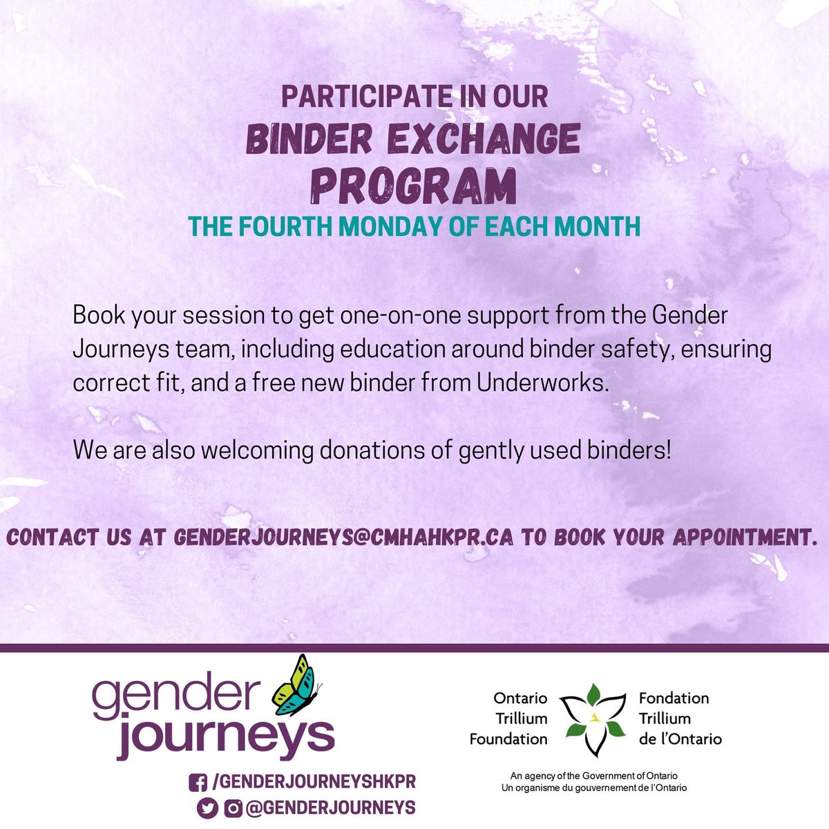 We’re excited to announce that we will now be offering a Binder Exchange Program, the fourth Monday of each month! Contact us at genderjourneys@cmhahkpr.ca for more info or to book an appointment.

#trans #support #community #education