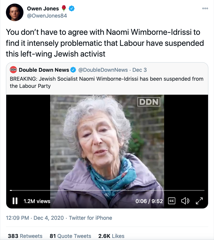 Shameless opportunist  @owenjones84 will only say that the disgusting suspension of  @JVoiceLabour spokesperson Naomi Wimborne-Idrissi may be "problematic".Yet he's spent years creating the conditions for the current purge of JVL: