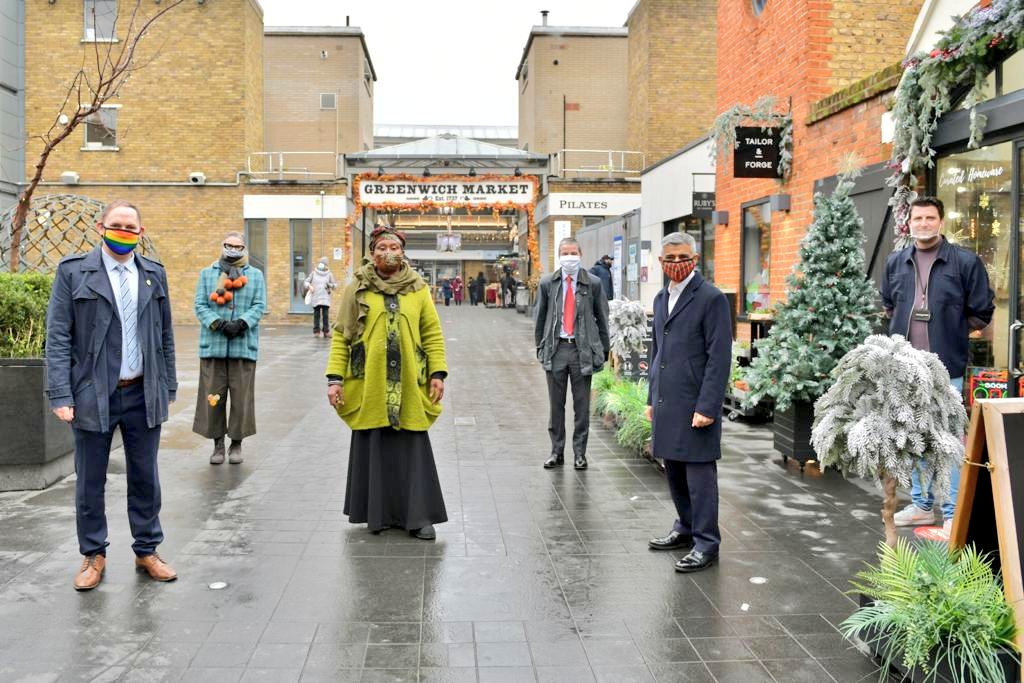 SadiqKhan's tweet photo. Great to be back in Greenwich today with @DanLThorpe @Len_Duvall and meet with retailers like Esther and Mary at @greenwichmkt. It's crucial we safely show our support to small businesses in these challenging times. https://t.co/tiE5EN0T5k