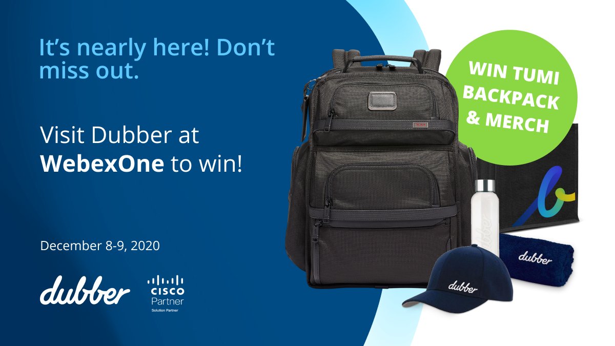 dubberapp's tweet photo. Don’t miss out! Register &amp; visit us at #webexone - we have Tumi backpacks &amp; Dubber merch to giveaway!  And you can schedule a 1:1 consultation with a unified call recording &amp; Voice AI expert. Visit us today at https://t.co/Jt82r7vgAK #dubberoncisco https://t.co/KCPqC24Tiv
