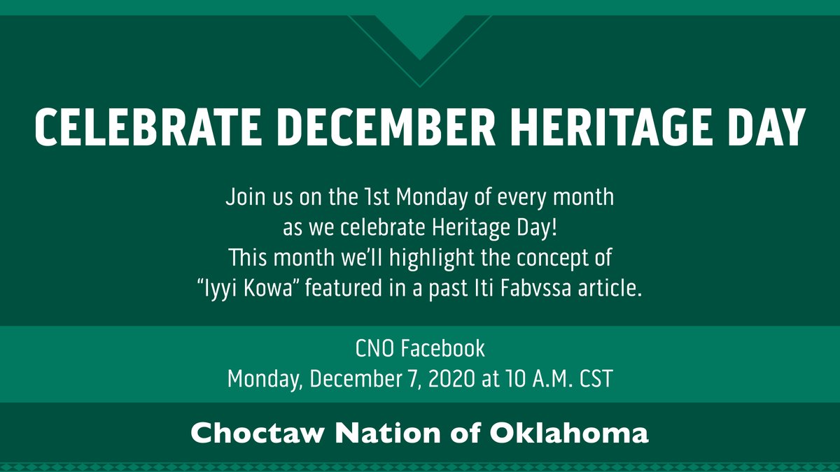 Celebrate December Heritage Day!

This month, we are highlighting the concept of "Iyyi Kowa," a Choctaw concept of communal service. Visit our Facebook page to take part in this month's virtual Heritage Day event and giveaway. #ChahtaHeritageDay