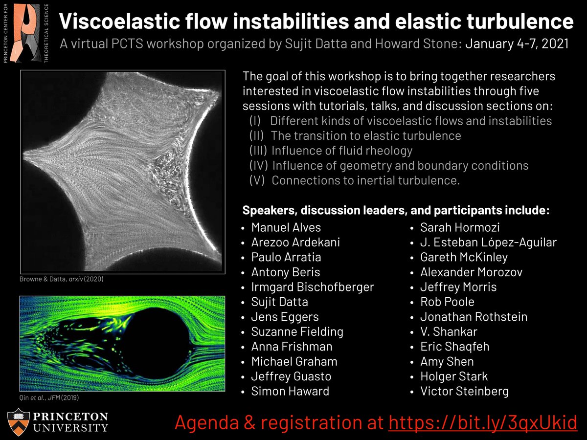 Datta Lab (@thesquishylab) on Twitter photo Want to learn about viscoelastic flow instabilities? Check out this virtual (free!) workshop on the subject from Jan 4-7, 2021, with tutorials, talks, and discussions to bring together interested researchers and identify/clarify open questions. Details at bit.ly/3qxUkid! Want to learn about viscoelastic flow instabilities? Check out this virtual (free!) workshop on the subject from Jan 4-7, 2021, with tutorials, talks, and discussions to bring together interested researchers and identify/clarify open questions. Details at bit.ly/3qxUkid!