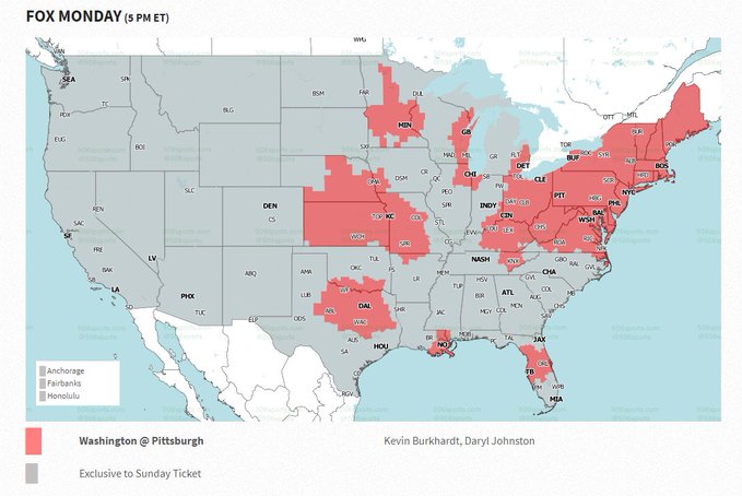 RossTuckerNFL's tweet photo. We're going to have a record # of people FREAKING OUT at 5pm et when they realize they can't watch the Steelers vs. Washington game. 

Only the people in red below are getting game on local FOX affiliate.

h/t @506sports https://t.co/w003Nu5PDp
