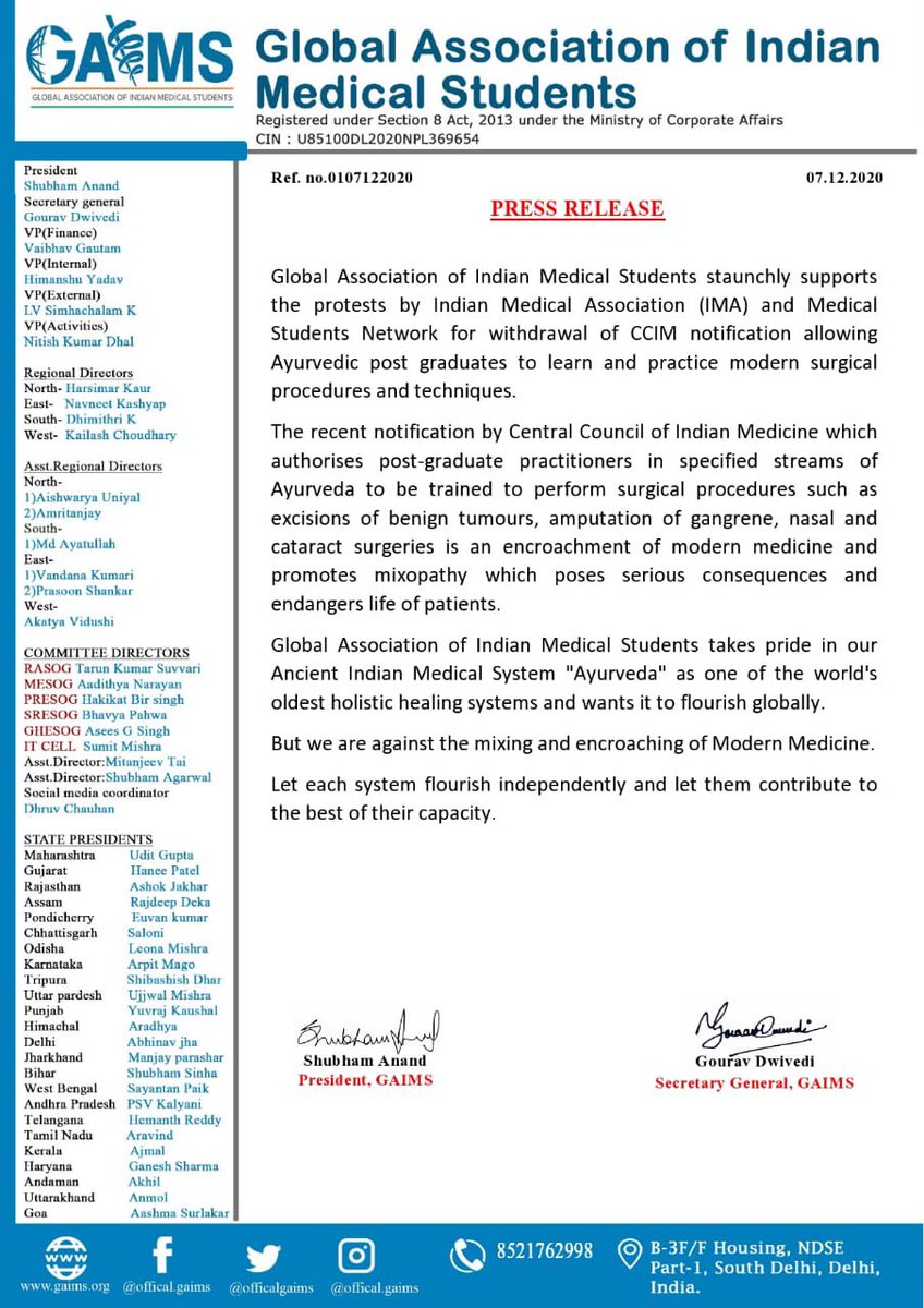 officialgaims's tweet photo. Global Association of Indian Medical Students supports the protests called by Indian Medical Association for withdrawal of CCIM NOTIFICATION allowing Ayurvedic PG Students to surgical procedures of modern medicine.

#SayNoToMixopathy #gaims https://t.co/U7JL2FMYXI