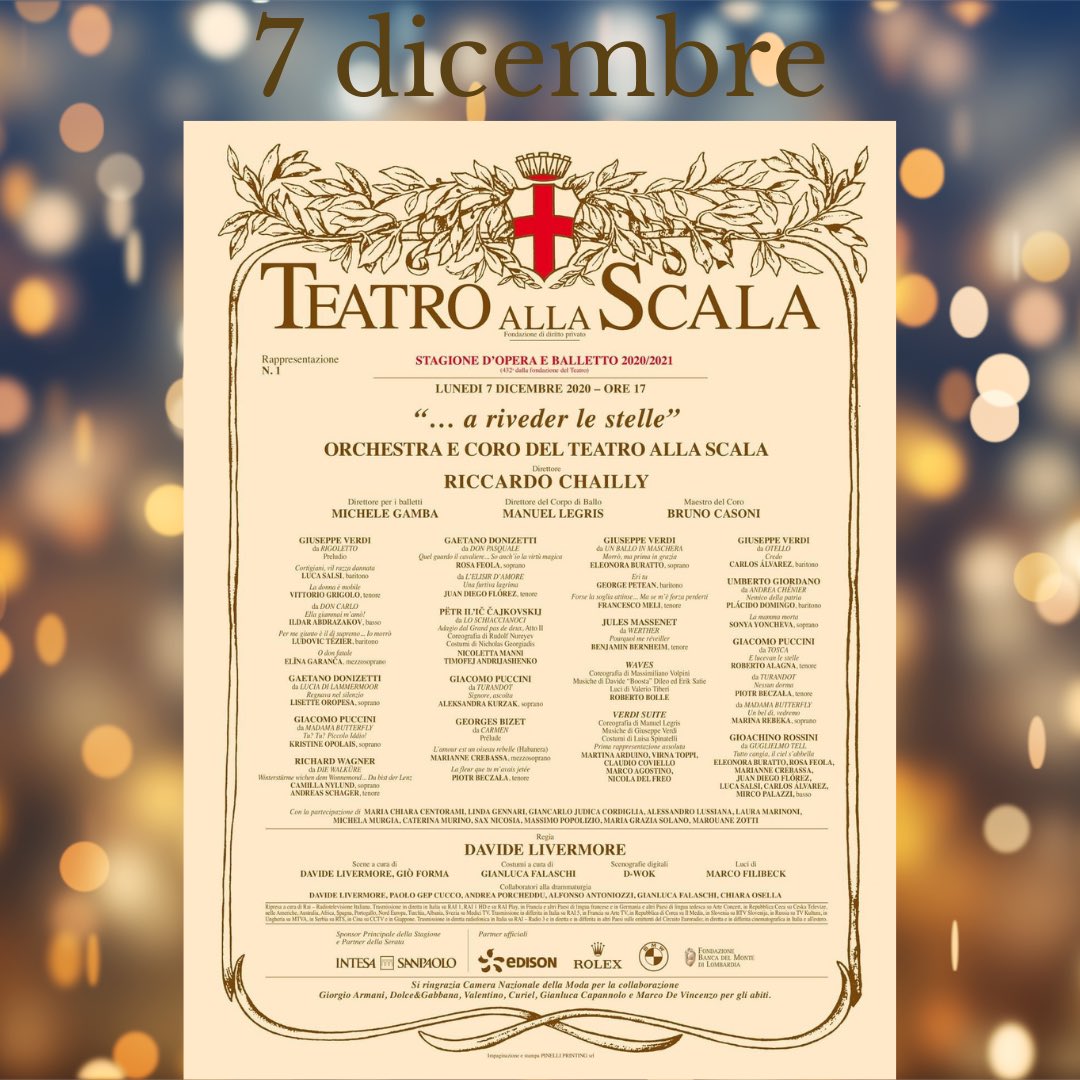AOperaland's tweet photo. 🗓 7 DICEMBRE #OperaLand invia un in bocca al lupo #toitoitoi a tutti gli artisti e i lavoratori dello spettacolo coinvolti in “A riveder le stelle” in scena e dietro le quinte. Saremo tutti sintonizzati per seguirvi! #teatroallascala #7dicembre #ItalyisOperaLand https://t.co/l5ZAGD0GlL