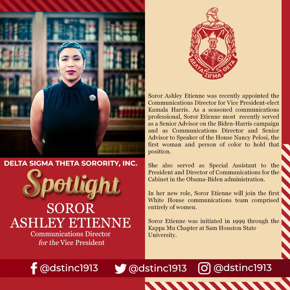 .<a href="/dstinc1913/">dstinc1913</a> spotlights Ashley Etienne! 

Soror Ashley Etienne was recently appointed the Communications Director for Vice President-elect Kamala Harris. In her new role, Soror Etienne will join the first White House communications team comprised  entirely of women. 

#DST1913