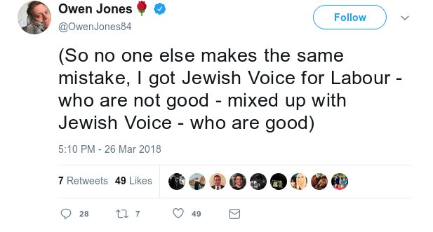 Vapid fake-leftist  @owenjones84 was so committed to the fabricated "anti-Semitism crisis" (a whole chapter in his book) that he even denounced  @JVoiceLabour years ago, back when (as he later admitted) he knew nothing about it.