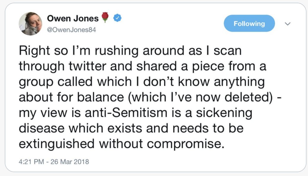 Vapid fake-leftist  @owenjones84 was so committed to the fabricated "anti-Semitism crisis" (a whole chapter in his book) that he even denounced  @JVoiceLabour years ago, back when (as he later admitted) he knew nothing about it.
