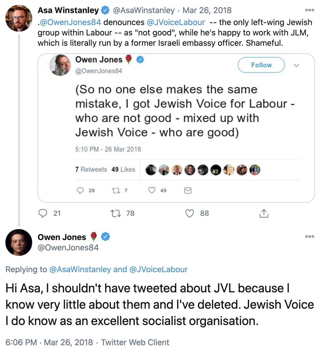 Vapid fake-leftist  @owenjones84 was so committed to the fabricated "anti-Semitism crisis" (a whole chapter in his book) that he even denounced  @JVoiceLabour years ago, back when (as he later admitted) he knew nothing about it.