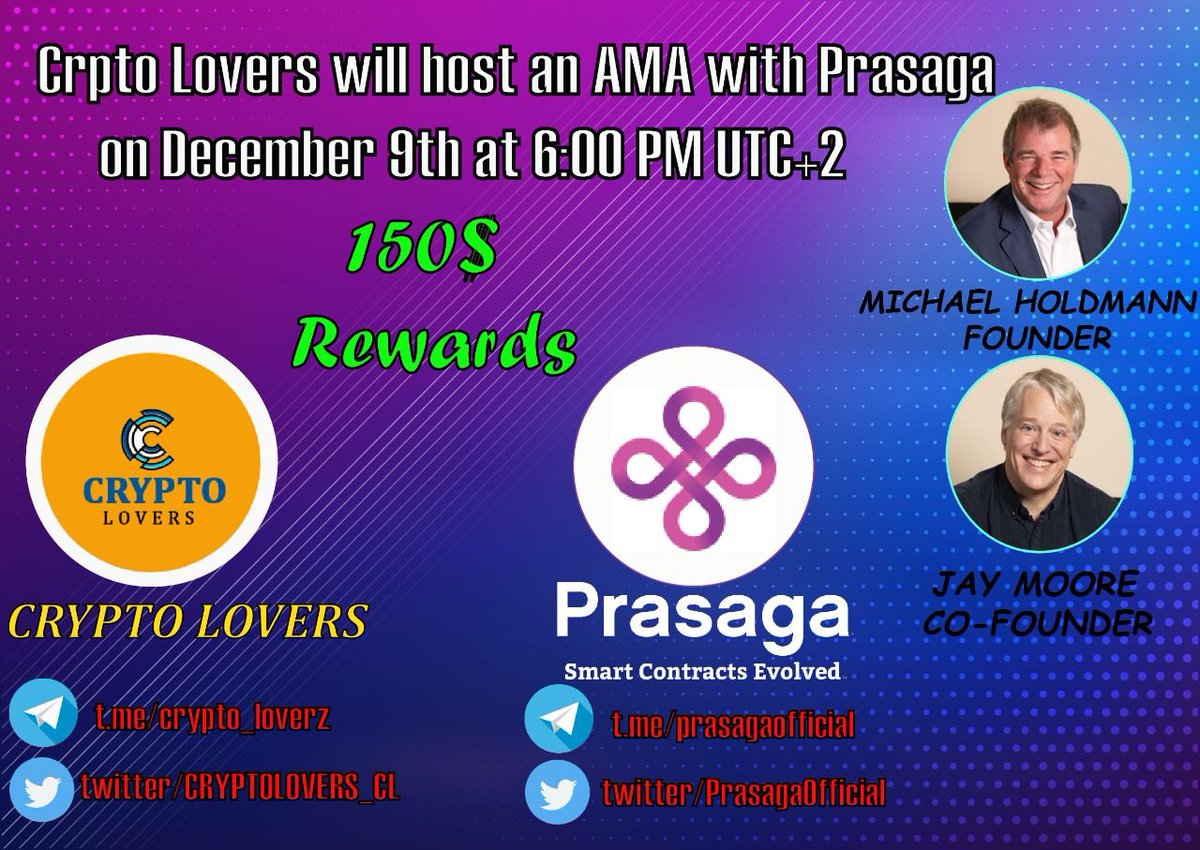 AME_PAY's tweet photo. New AMA with #PRASAGA
 -150$ REWARDS
--
Venue: https://t.co/VAEiiTa2k5 

Guests: Michael Holdmann | Founder Jay Moore | Co-Founder 

conditions: 

Like -Retweet -Follow us 
@BebobeL_CL
&amp;
@PrasagaOfficial

Ask a question &amp; Tag 3 friends 
let's go https://t.co/40H6e8K3io