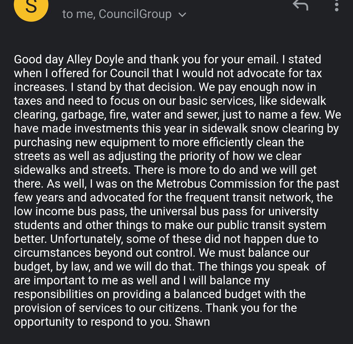 This was the response from Shawn Skinner (my ward Councillor). 