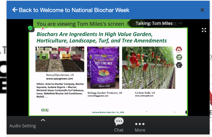 Tom is running through all the wonderful things you can do with biochar - highlighting companies that do the work. I'll trying to post pictures here.A few mentioned here:  @PacificBiochar,  @cookswelljikos,  @use_biochar,  @mirimichigreen,  @CarbonGold and so many more