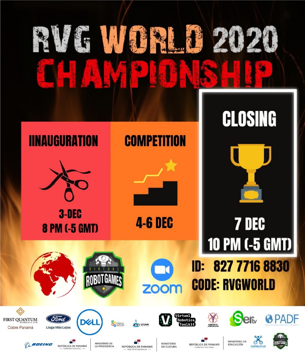 RobotVirtualgam's tweet image. INVITACIÓN ABIERTA te esperamos hoy en  nuestra clausura  de La - RVG WORLD 2020 CHAMPIONCHIP
@BoeingSpace @PADForg @Dell
@stemdotorg @MiCulturaPma
@MeducaPma @PrimeraDamaPma
@SERTVPANAMA @Cobrepanama
@Ford_CA
@Cobre_Panama