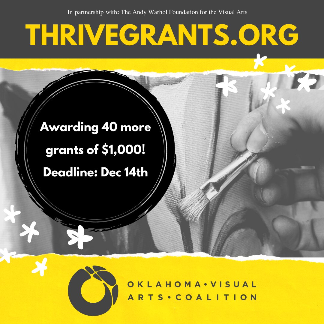 OVAC has $1,000 emergency grants available for 40 Oklahoma visual artists, and the deadline is December 14. Please share this with your artist friends who have affected by the pandemic. ovac-ok.org/emergency-grant @ovac