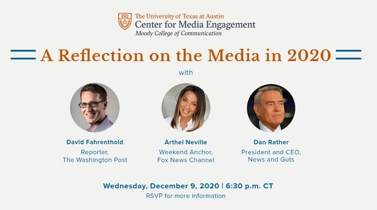 ⚡️⚡️⚡️⚡️
Still time to sign up for this awesome ***free*** event:

WaPo's <a href="/Fahrenthold/">David Fahrenthold</a>, <a href="/ArthelNeville/">Arthel Neville</a> of Fox, and <a href="/DanRather/">Dan Rather</a> talk about media &amp; 2020! Sponsored by <a href="/EngagingNews/">@engagingnews.bsky.social</a> 

Sign up here to get a link to hear what they have to say:
utexas.qualtrics.com/jfe/form/SV_1M…