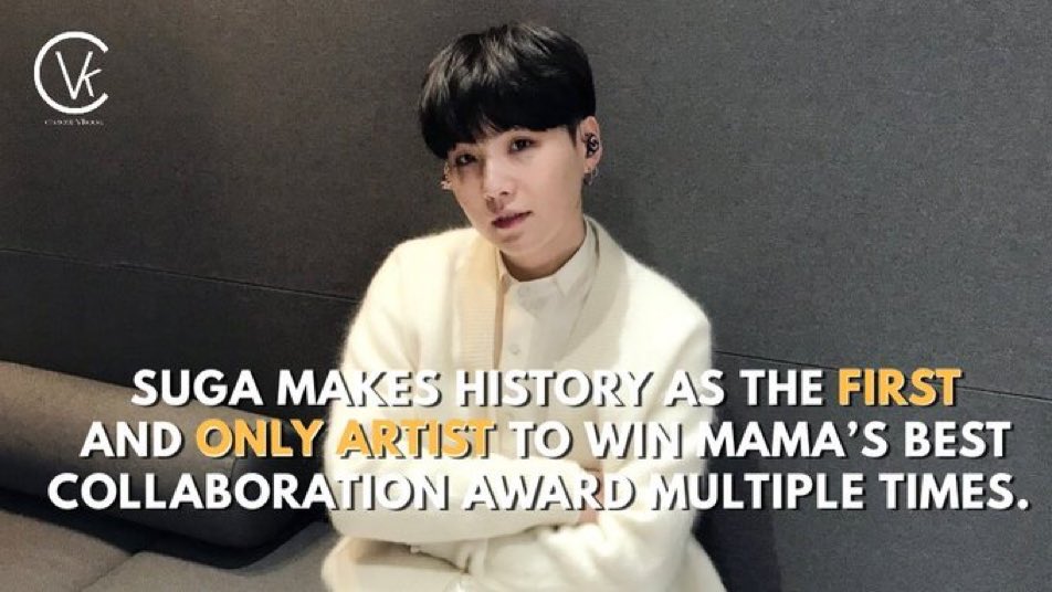 koreasass's tweet photo. .@BTS_twt’s SUGA makes history as the FIRST and ONLY artist to win MAMA’s Best Collaboration award multiple times. His collaborations have been nominated and won awards every year since 2017. Congratulations Suga💗 https://t.co/lMgEnaprOO