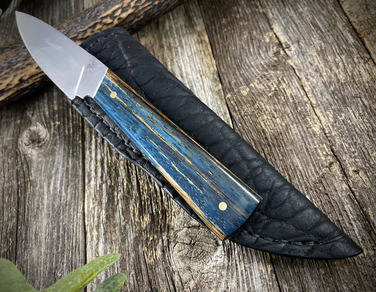 DiplomaticArrow's tweet photo. AVAILABLE!  EDC/utility knife - 6.5” OAL, 2.75” cutting edge,  indigo dyed zebra wood, with brass liners and pins. If your wondering what the is sheath....American BISON! This stuff is really cool! I will definitely be making more of sheaths with the bison. Thanks for looking! https://t.co/AjG4JSkCBB