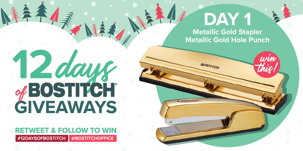 BostitchOffice's tweet photo. 🎉 Our 12 Days of Bostitch Giveaways is back! To start the holiday season off right, we're giving away our Metallic Gold Stapler and 3-Hole Punch! Check back for a new giveaway everyday until December 18th 🎉 

Retweet and follow to win!
#giveaway #sweepstakes #12daysofgiveaways https://t.co/Za5X4umUUA