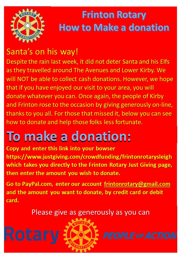 FrintonRotary's tweet photo. Despite the rain last week, it did not deter Santa and his Elfs as they travelled around. We will NOT be able to collect cash donations. However, hope that you enjoyed our visit to your area, below you can see how to donate and help those folks fortunate.
https://t.co/VKvXb1nu4Z https://t.co/vQJYXcWz5s