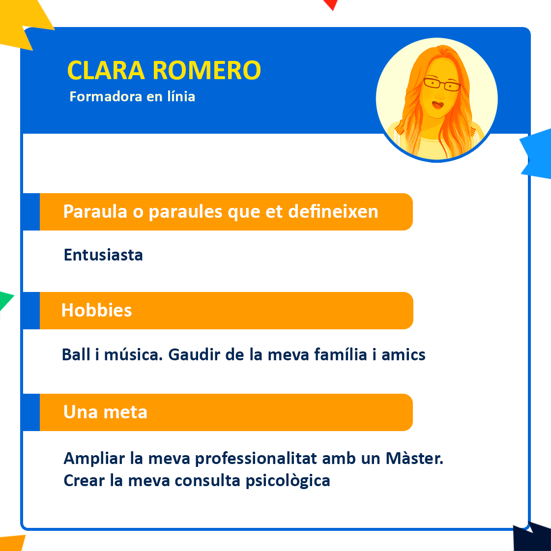 SomDocents's tweet photo. 🚩Comencem la setmana amb la presentació de la Clara Romero!
Nosaltres la definim com una persona atenta i resolutiva. 💫Valorem molt comptar amb la seva professionalitat!
#SomDocents #Compartintconeixements #formació #cursos #docents #equipSomDocents #equipSD #presentació https://t.co/8jbpYcVFz1