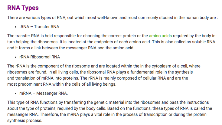 RNA takes instructions from DNA outside the nucleus to other parts of the cell where there is space to build structures (proteins, etc).If DNA is the blueprint, RNA is the production line.Different types of RNA serve various roles in transferring information & building stuff