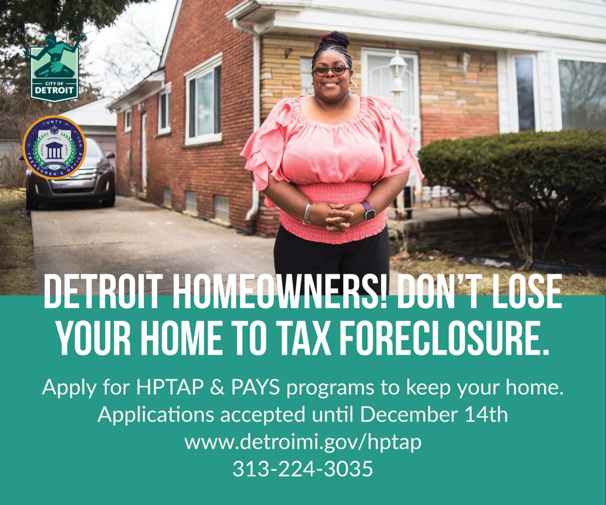 CityofDetroit's tweet photo. The deadline is approaching to apply for the City's Homeowner's Property Tax Assistance Program (HPTAP). 

Deadline is December 14th.  Go to https://t.co/K2rv9IpLlZ or dial pound 250 and say the key words “h-p-tap” to begin your application. https://t.co/JTZedKFm77