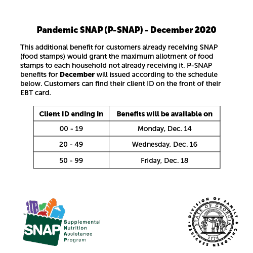 GADFCS's tweet photo. P-SNAP benefits for December will be issued according to this schedule. https://t.co/AWnVLIQE6k