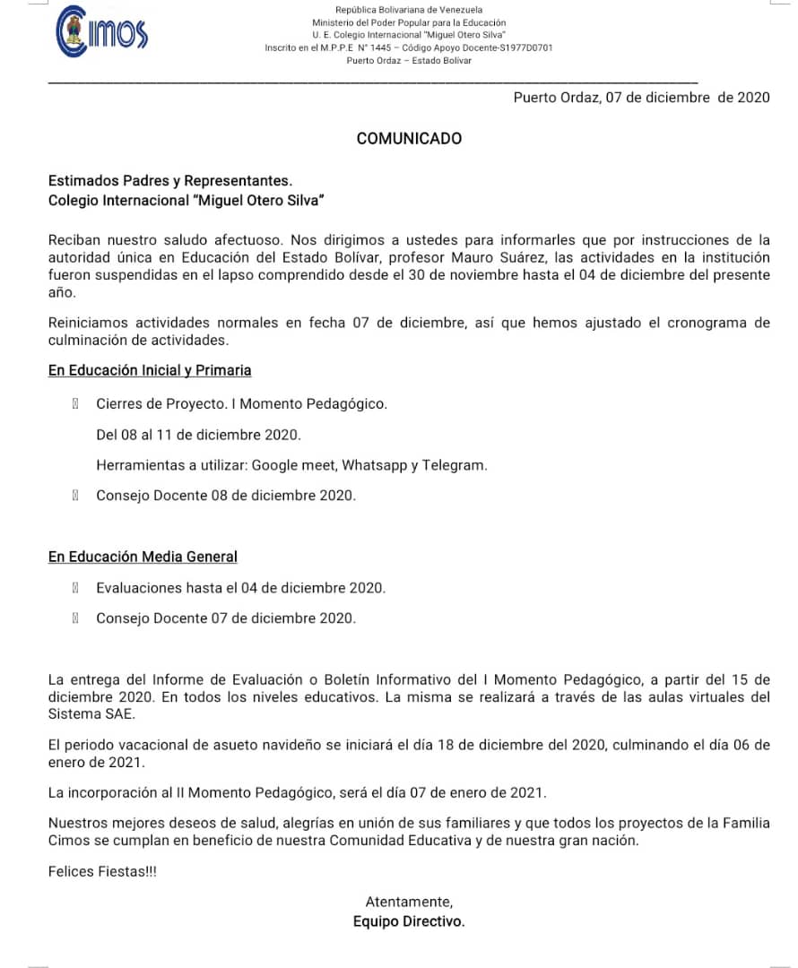 CimosOficial's tweet photo. Comunicado a Padres y Representantes https://t.co/b5BGiYDNIR