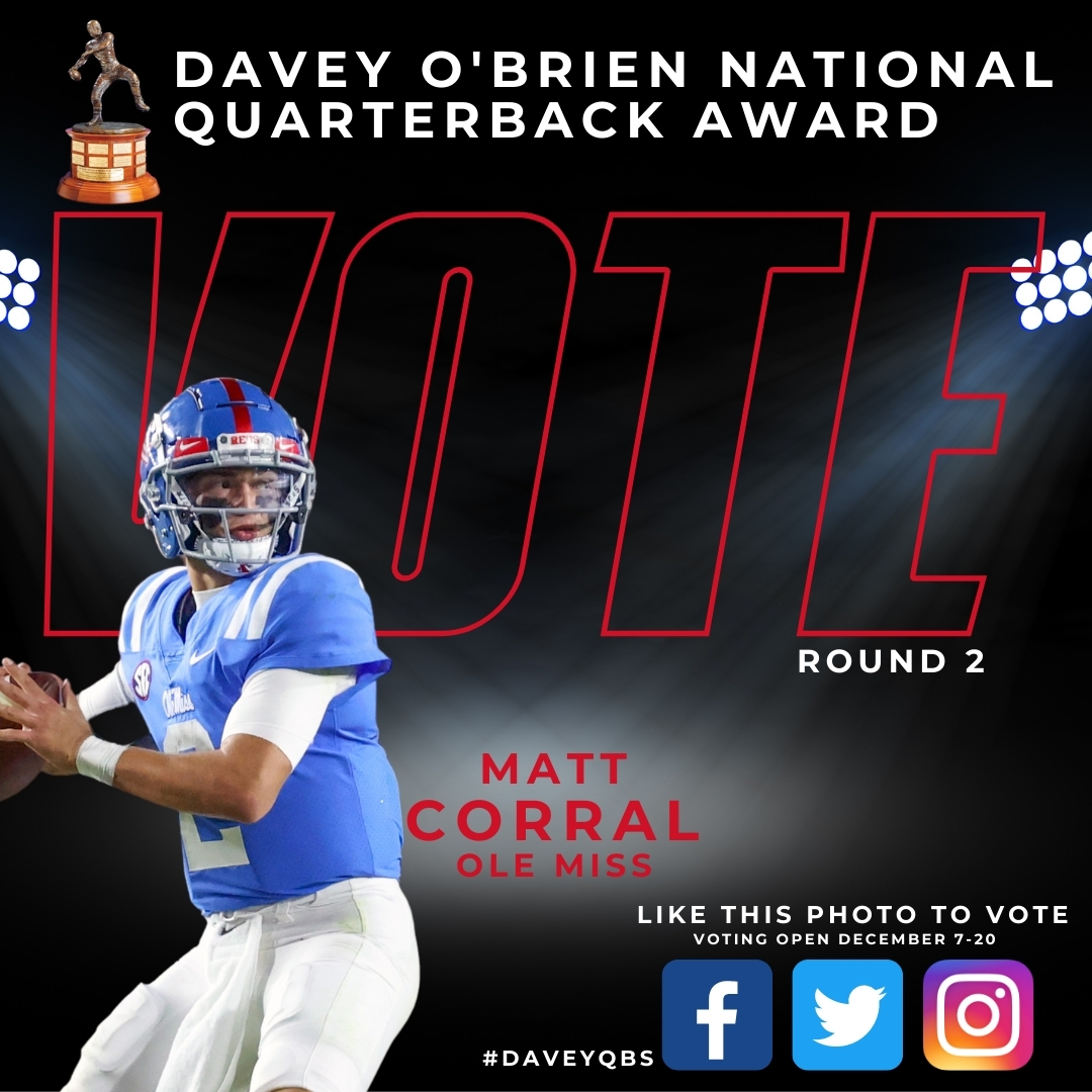 daveyobrien's tweet photo. He’s in the semifinalist spotlight! @OleMissFB &amp; @OleMissSports fans, help @corral_matt by voting for him to be 1 of the 3 finalists for the 2020 Davey O’Brien Award! Just like this original post from @daveyobrien and then visit Instagram &amp; Facebook to do the same! #HottyToddy https://t.co/qKQJxBYeNE