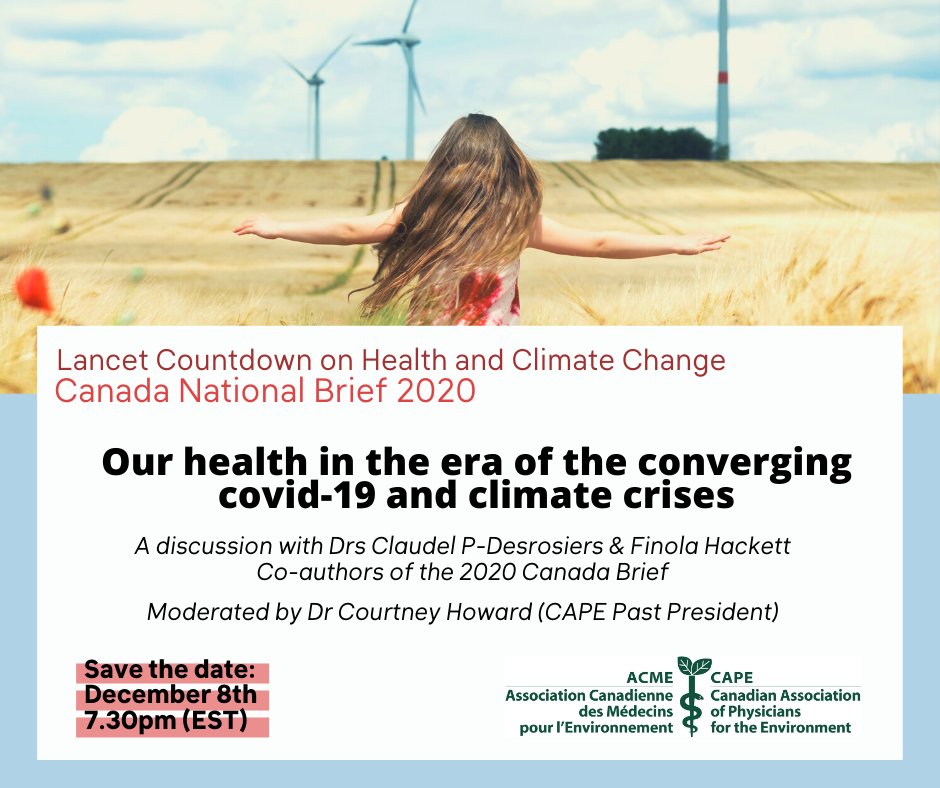 Join us tomorrow @ 7:30 est as we dig into the <a href="/LancetCountdown/">The Lancet Countdown on Health and Climate Change</a> 2020 findings &amp; their implications for the health of people in Canada. 

Speakers include <a href="/CMA_Docs/">Canadian Medical Association</a> president <a href="/DrAnnCollins/">Dr. E. Ann Collins</a>, along with <a href="/c_pdesrosiers/">Dre Claudel Pétrin-Desrosiers</a>, <a href="/fmhackett/">Finola Hackett</a> &amp; <a href="/courtghoward/">Dr Courtney Howard</a> 
 
Reg here: us02web.zoom.us/webinar/regist…