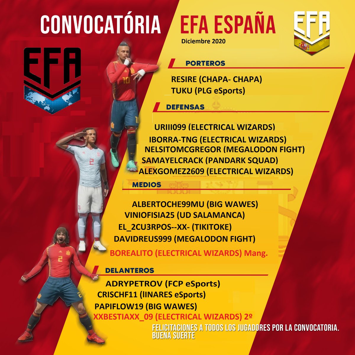 Vuelve la Roja de EFA ESPAÑA.
TODOS con la Selección!!!🇪🇸
Equipos de precedencia de los jugadores Seleccionados;
<a href="/ElectricalWzds/">Electrical Wizards</a> 
<a href="/FCChapaChapa/">𝐅𝐂𝐂 💙</a> 
<a href="/PLGeSp/">PLG eSports</a> 
<a href="/MegalodonFight/">𝕄𝔼𝔾𝔸𝕃𝕆𝔻𝕆́ℕ 𝔽𝕀𝔾ℍ𝕋</a> 
<a href="/PandarkSquad/">Pandark Squad</a> 
<a href="/BigWaves_/">Big Waves eSports</a> 
<a href="/TokeTiki/">🍻El Rey🍻</a> 
<a href="/eSportsFCP/">FCP eSports 🦅</a> 
@LinaresEsports