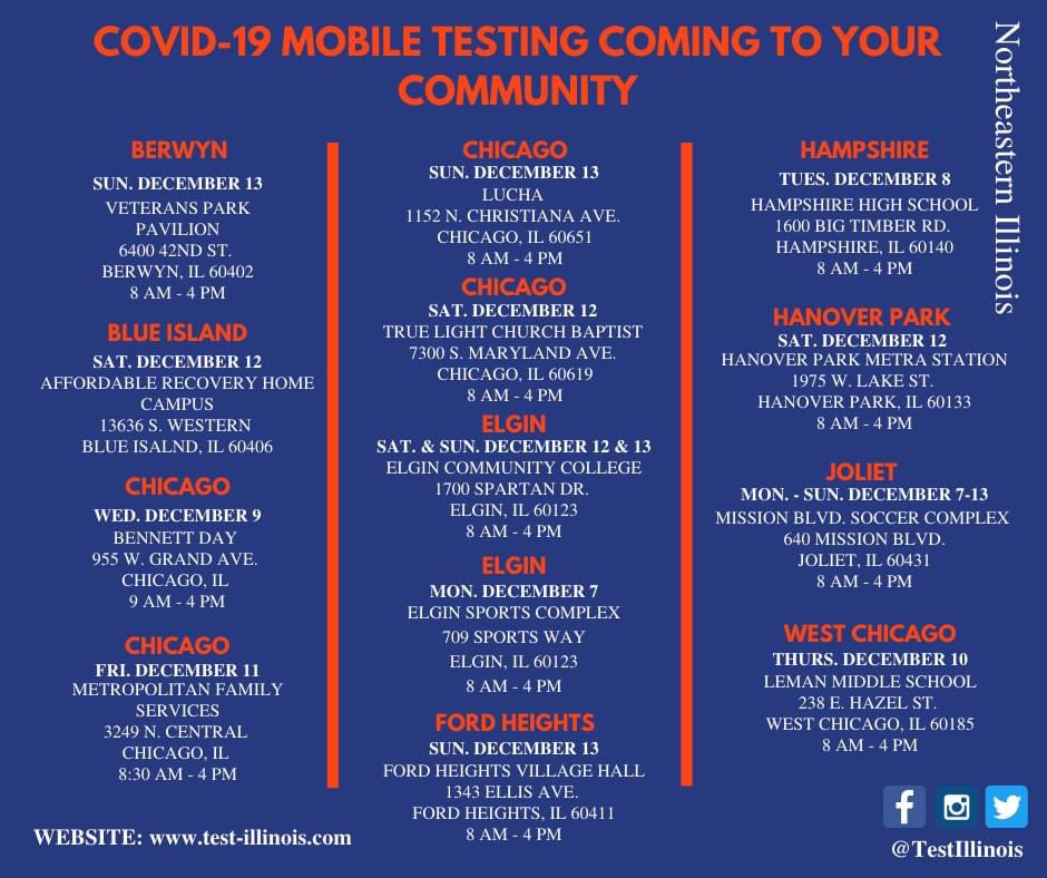 TestIllinois's tweet photo. Check out this weeks mobile sites 12/7-12/13! 

To find our other testing sites or for more information, you can visit our website at https://t.co/9c6ytkxU66. Get tested at the nearest testing site near you!

#TestIllinois #doyourpart #COVID19 https://t.co/11N2oXnvYo