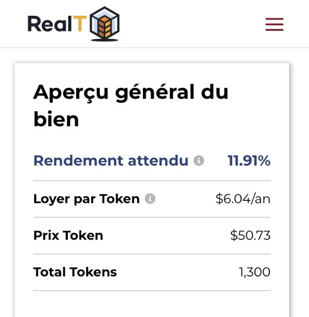 6. Ex : Ils vendent une maison à 65K$ ils vont la partager en 1300 token.Un token vaut 50.73$.Sur ce token vous allez recevoir les loyers des locataires, à hauteur de 6.04$ par an Résultat pour cette maison : 11.91% de rendement annuel.