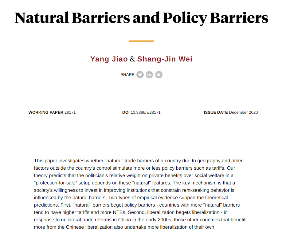 nberpubs's tweet photo. Countries with geographic or other natural barriers also tend to have policies making them less open to trade, from Yang Jiao and Shang-Jin Wei https://t.co/KzWVFVDPaj https://t.co/jgSw87956S