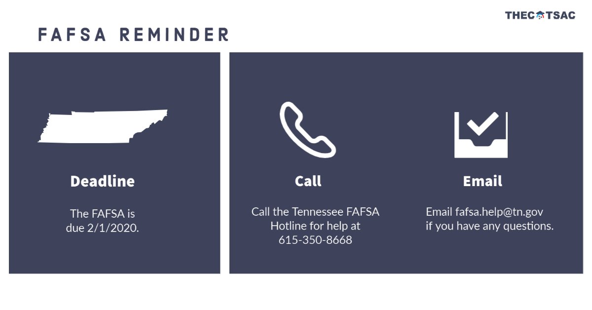 College4TN's tweet photo. Ready to file your #FAFSA? 

We've extended our FAFSA Hotline hours until 7 p.m. CST. (M-Th) to help you! 
📞 615-350-8668 or email anytime. https://t.co/gS0JRztY9I