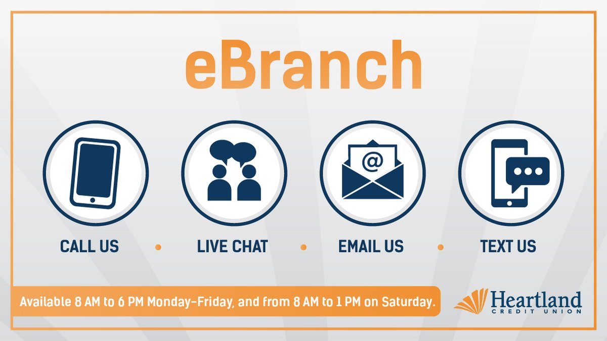 HeartlandWay's tweet photo. The HCU eBranch is available to help with any account questions you might have. You can reach them by phone, chat, email, or even text. Visit https://t.co/ou445XJu2C for details.
#HeartlandWay #eBranch #OnlineBanking #MobileBanking https://t.co/JhiIhJe0mN