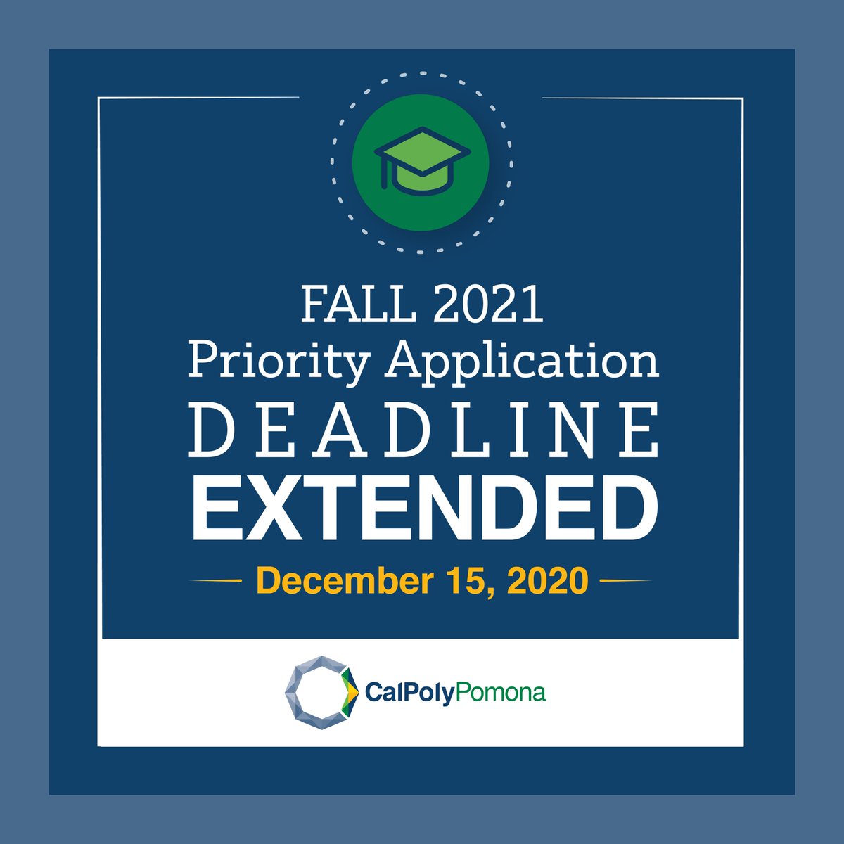cpp_science's tweet image. Great news. Cal Poly Pomona has extended its application deadline for Fall 2021 to December 15. If you or someone you know considered attending CPP, there's still time to apply for Fall 2021 semester. Visit: cpp.edu/outreach/ for events and information. #cpp_science