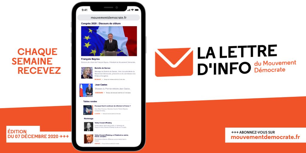 MoDem's tweet photo. 📨Au sommaire de la lettre d’information du @MoDem cette semaine : les temps forts du #CongresModem2020 #démocratie #Europe #territoires #discours #VGE 👉 https://t.co/qiZMrykCH2 https://t.co/g354ggU3ee