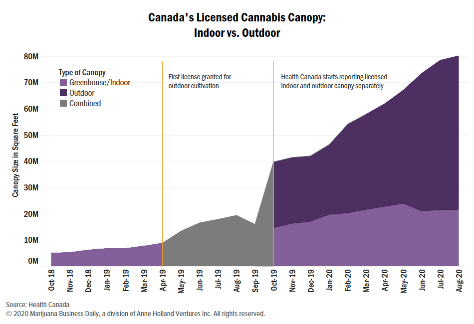 NEW: After a years-long buildout, has total licensed cannabis greenhouse area finally peaked in Canada? Though licensed outdoor area doubled in 2020 to August.Where's all the production going to go?  @qnp  @GoBlueCdn &  @Michaelconunaa shared insight: https://mjbizdaily.com/canadian-cannabis-greenhouse-space-in-retreat-as-outdoor-capacity-doubles/