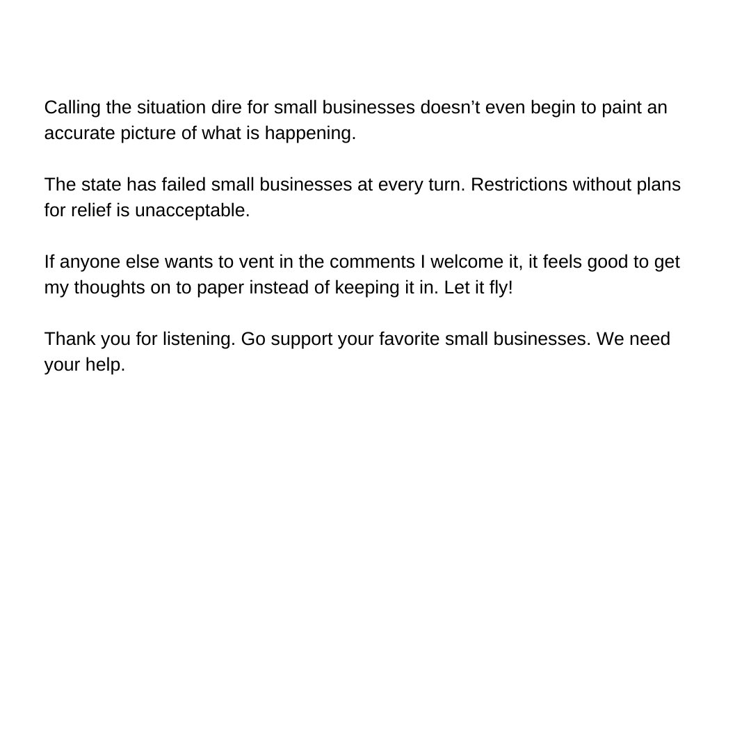 We must continue to beat this drum until small businesses in Rhode Island are finally heard. We need your help! Restrictions imposed without financial relief is destroying the state <a href="/GinaRaimondo/">Gina Raimondo</a> <a href="/SenJackReed/">Senator Jack Reed</a> <a href="/SenWhitehouse/">Sheldon Whitehouse</a> <a href="/davidcicilline/">David Cicilline</a> <a href="/JimLangevin/">Jim Langevin</a> <a href="/LGDanMcKee/">GovDanMckee</a>
