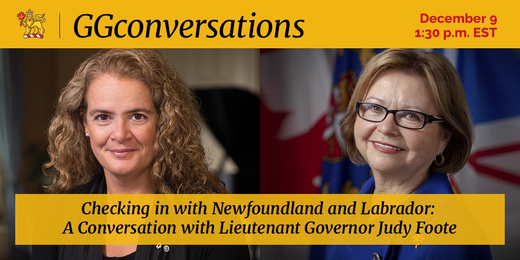GGCanada's tweet photo. Don’t miss this week’s #GGconversations with Lieutenant Governor Judy Foote, checking in with news from Newfoundland and Labrador. Wednesday, December 9, at 1:30 p.m. EST. Info: https://t.co/sTiTizPu5r https://t.co/6oHIctKXqD