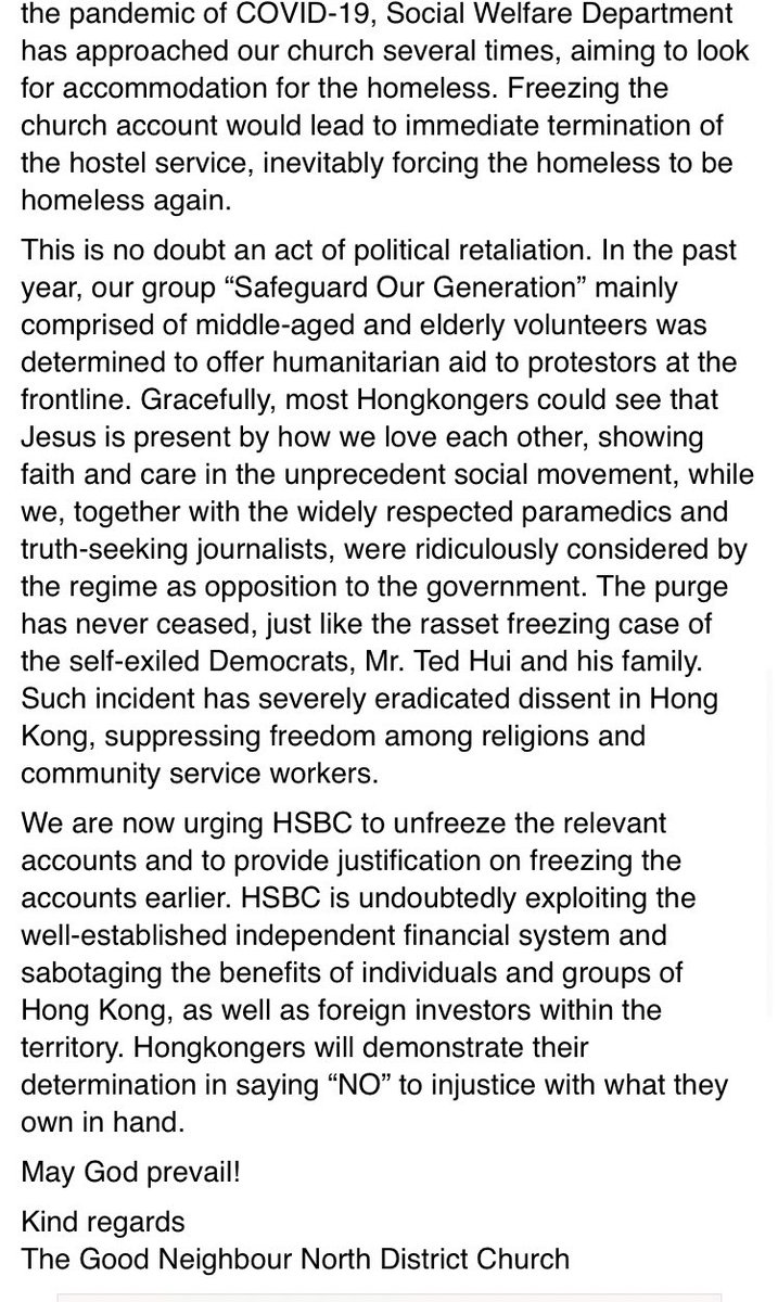 Starz_Aminn's tweet photo. @lukedepulford @MPIainDS @tedhuichifung @HSBC Breaking new: The Good Neighbour North District Church, a registered charity known for the “Save the Children” team to protect young people during protests, said its account at @HSBC_HK, as well as those of Pastor Roy Chan and his wife, were frozen too!🔥🔥🔥 https://t.co/Jf707zLtVz