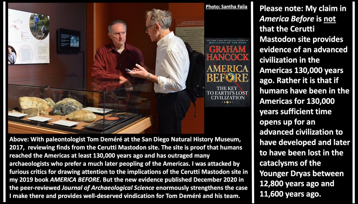 Graham__Hancock's tweet photo. Breaking scientific news (https://t.co/DiJxwH41kz) supports the claim in my 2019 book AMERICA BEFORE that humans reached the Americas 130,000 years ago. Arguments continue but this new paper is a great step forward. See Chapter 5 of AMERICA BEFORE: https://t.co/3HCw6x6n2Q https://t.co/ggZjaDjjzY