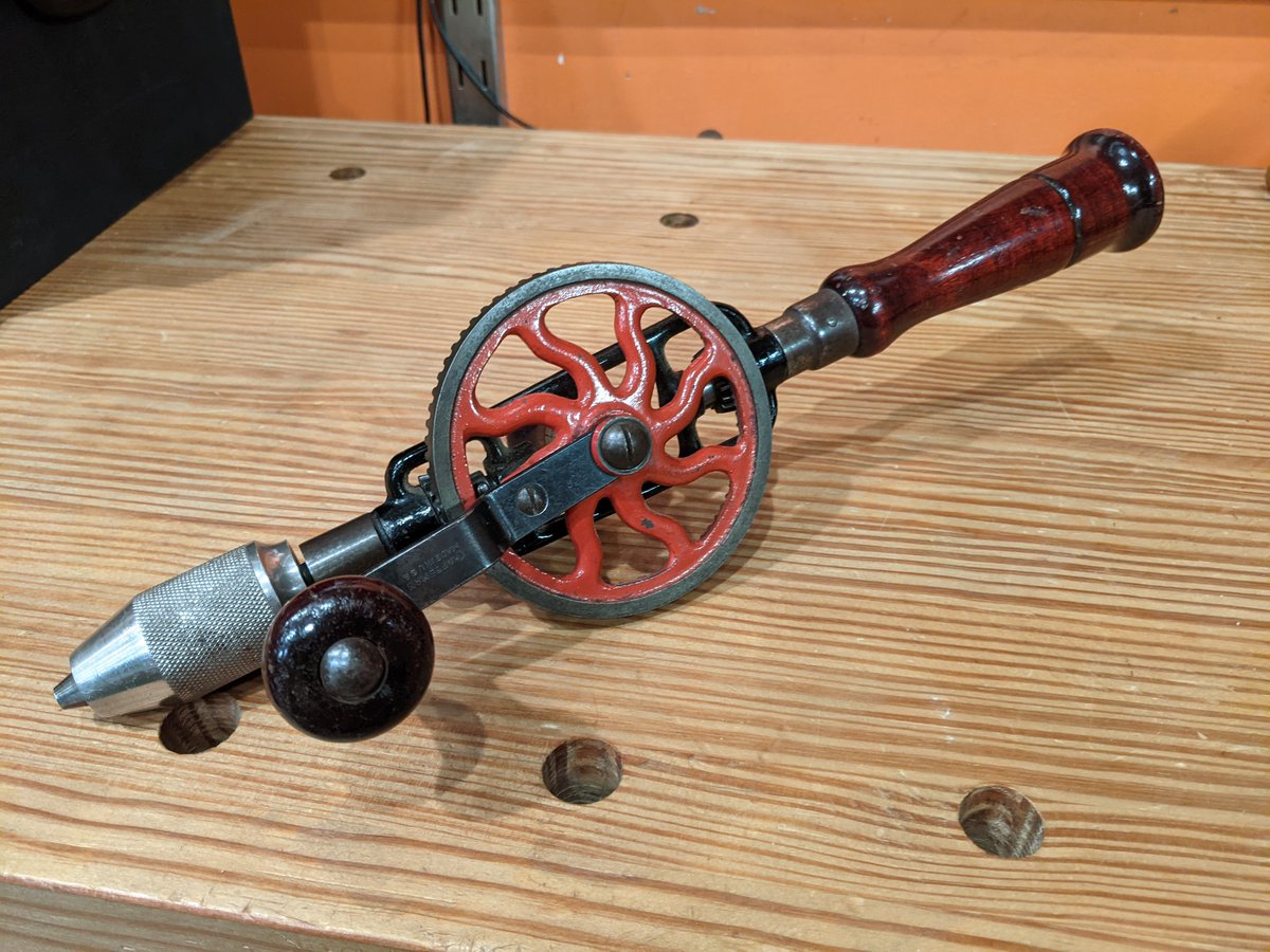 This Miller's Falls eggbeater drill (this one was sold under the Craftsman name) is a fantastic drill that allows very precise control, but is awkwardly shaped and is thus one of the more frustrating tools to store.