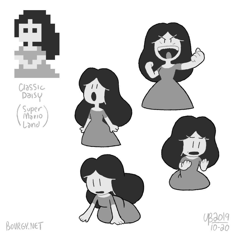 People are suddenly drawing Daisy, inspired from her Super Mario Land sprite, and here I am, doing it everyday for my webcomic since 2019 (those are the first sketches I did of her, circa late 2019)
