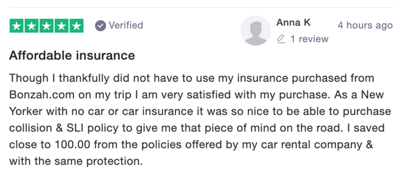 Bonzahcom's tweet photo. One of the best reviews we've had! (..especially given our purpose is to help renters who don't have a car nor car insurance. Now they travel safely and affordably! In other words we help them outsmart the rental car desk! 

#carrental #insurance #liability #sli #cdw #insurtech https://t.co/C0enCGGgnP