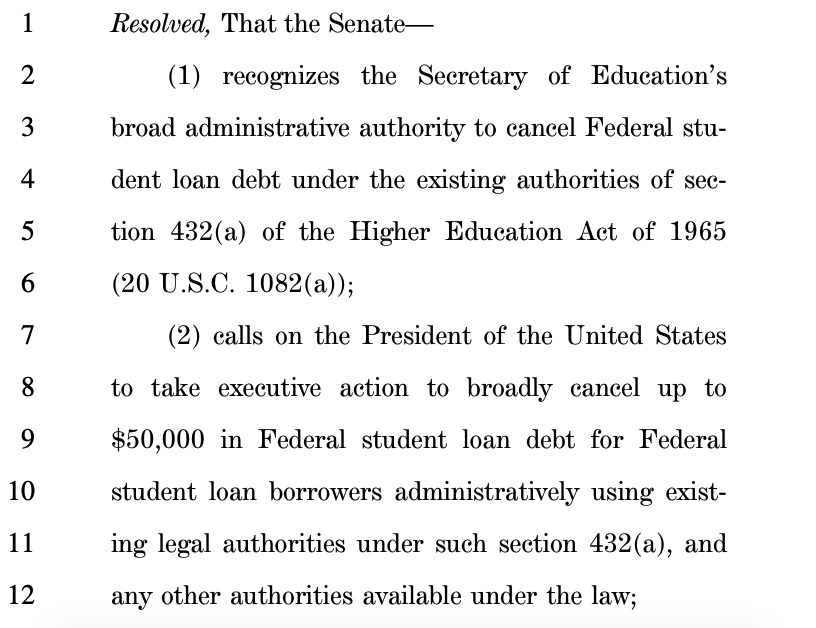 Interestingly - Schumer also says he's pushing for Biden to do an income test for debt relief -- limited to those earning <$125K. “It only affects middle-class and poorer students,” he says.The Warren-Schumer resolution this summer didn't explicitly mention any income test.