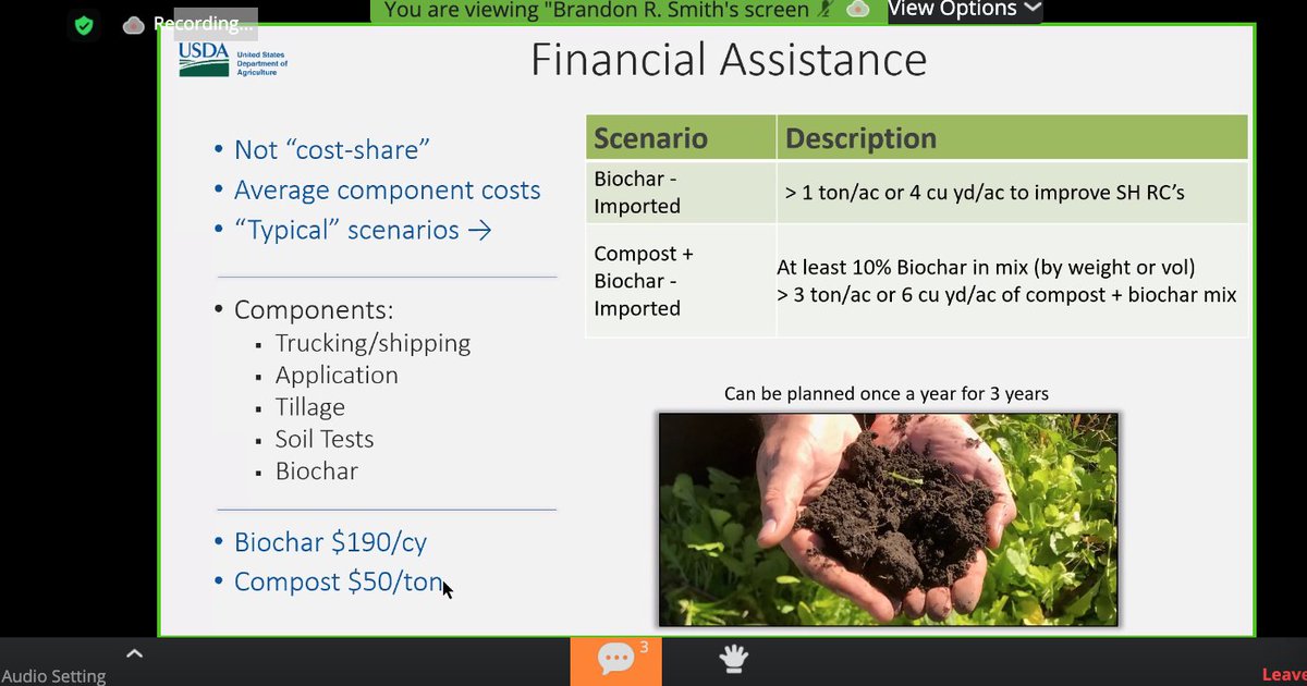 What do they provide? Financial assistance to help buy and apply biochar. *At this point you can't use 808 with biochar you make• minimum 1/ton per acre or 4/cu yards/acre• compost + biochar (10% biochar) w/ minimum = 3 tons/acre~costs: biochar $190/cy || compost $50/t