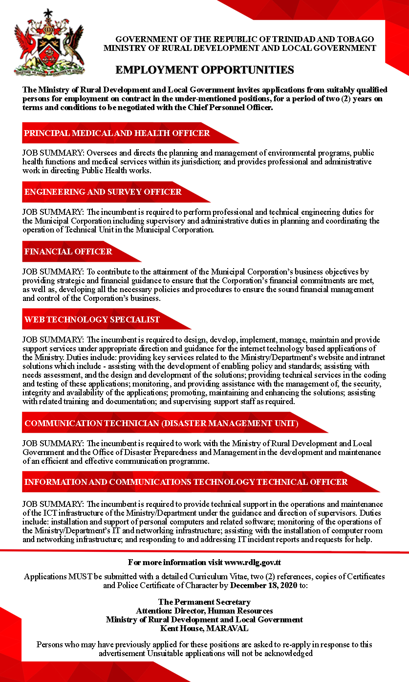 تويتر \ Ministry Of Labour على تويتر: "#Applynow - The Ministry Of Rural  Development And Local Government Invites Applications From Suitably  Qualified Persons For Employment On Contract. Application Deadline: Friday  18 December,