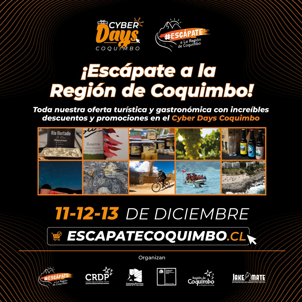 sernaturcoquimb's tweet photo. Descuentos para viajar y disfrutar de la región de Coquimbo este 11, 12 y 13 de diciembre en el Cyber Days. Decenas de empresas regionales de turismo tendrán sus ofertas, promociones y descuentos. Ingresa a👇 https://t.co/tQXJ3f65od !No te lo pierdas! #PlanViajarXChile https://t.co/KgghzHXhiB